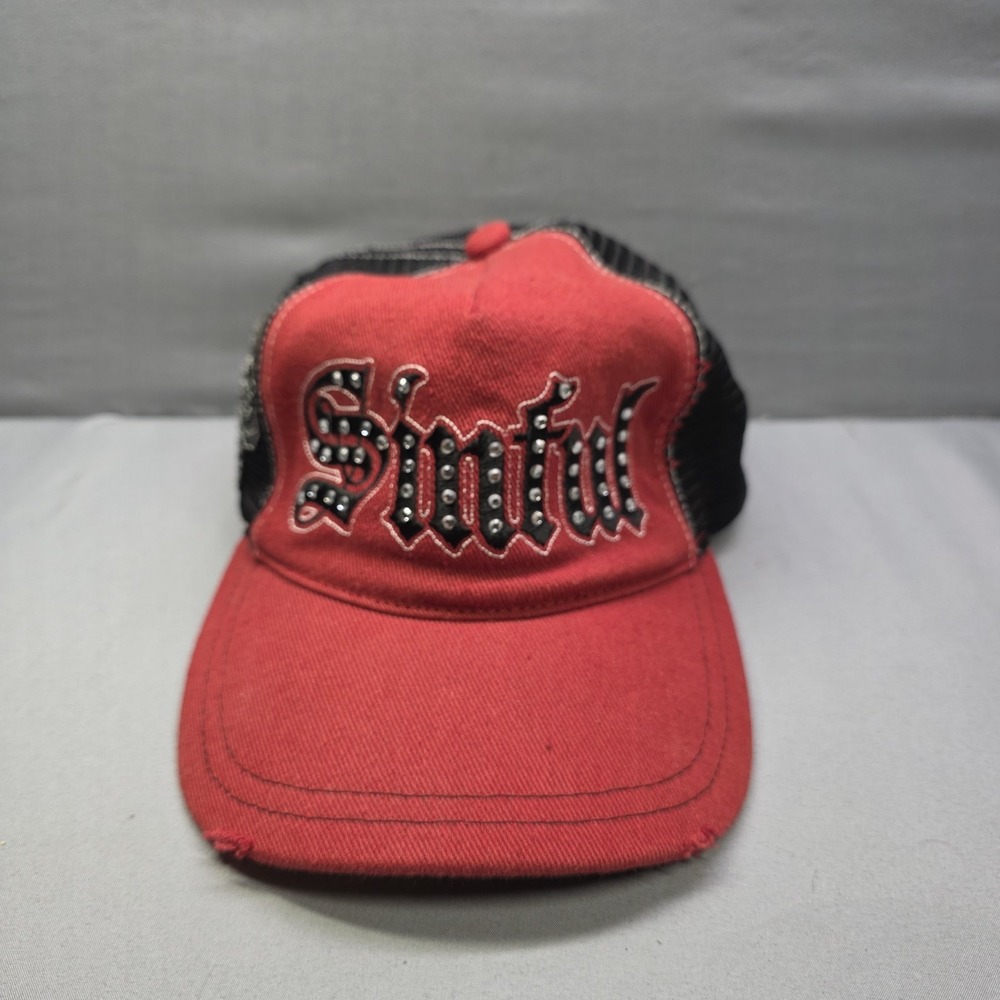 Sinful by Affliction Womens Distressed Red Trucker Hat Mesh Skulls Snapback
